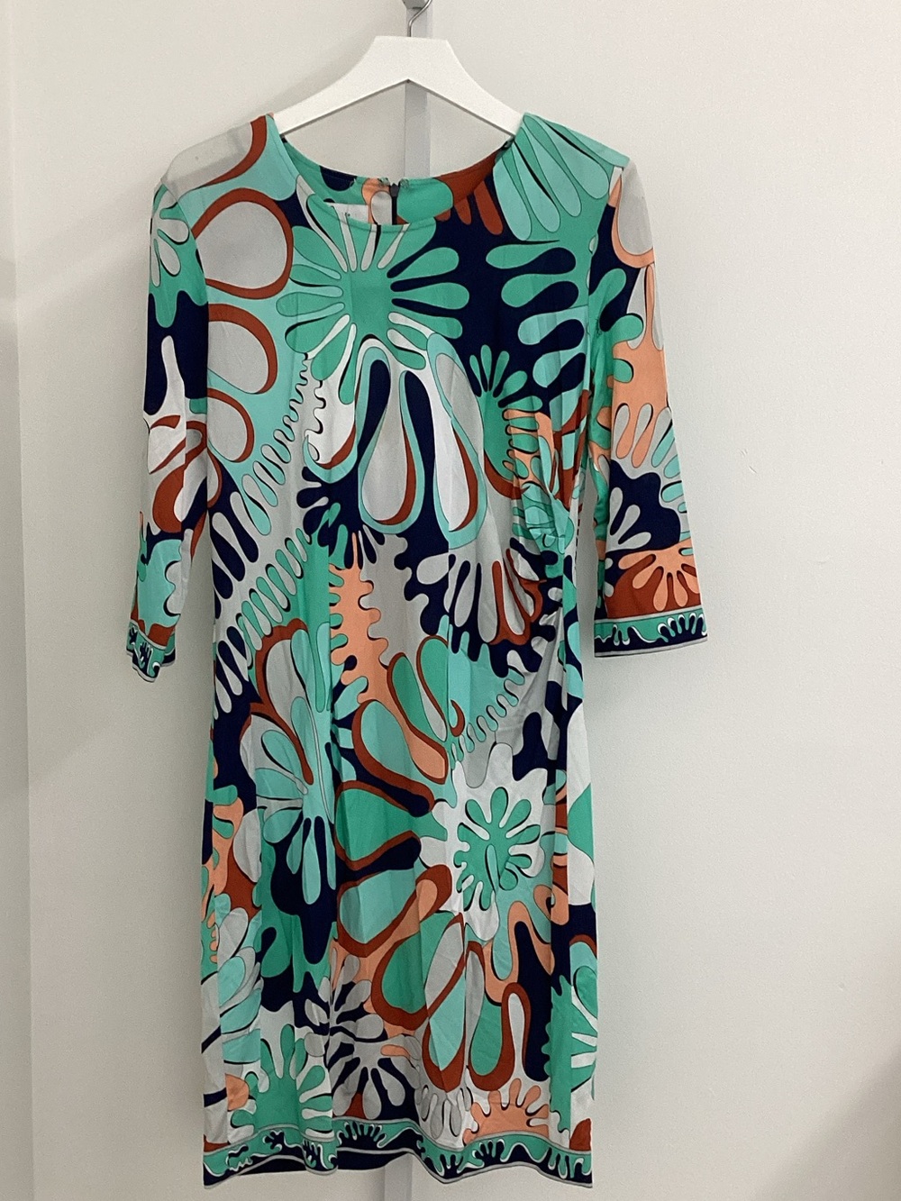 Long-Sleeve Abstract Floral Shift Dress in Teal Multi
